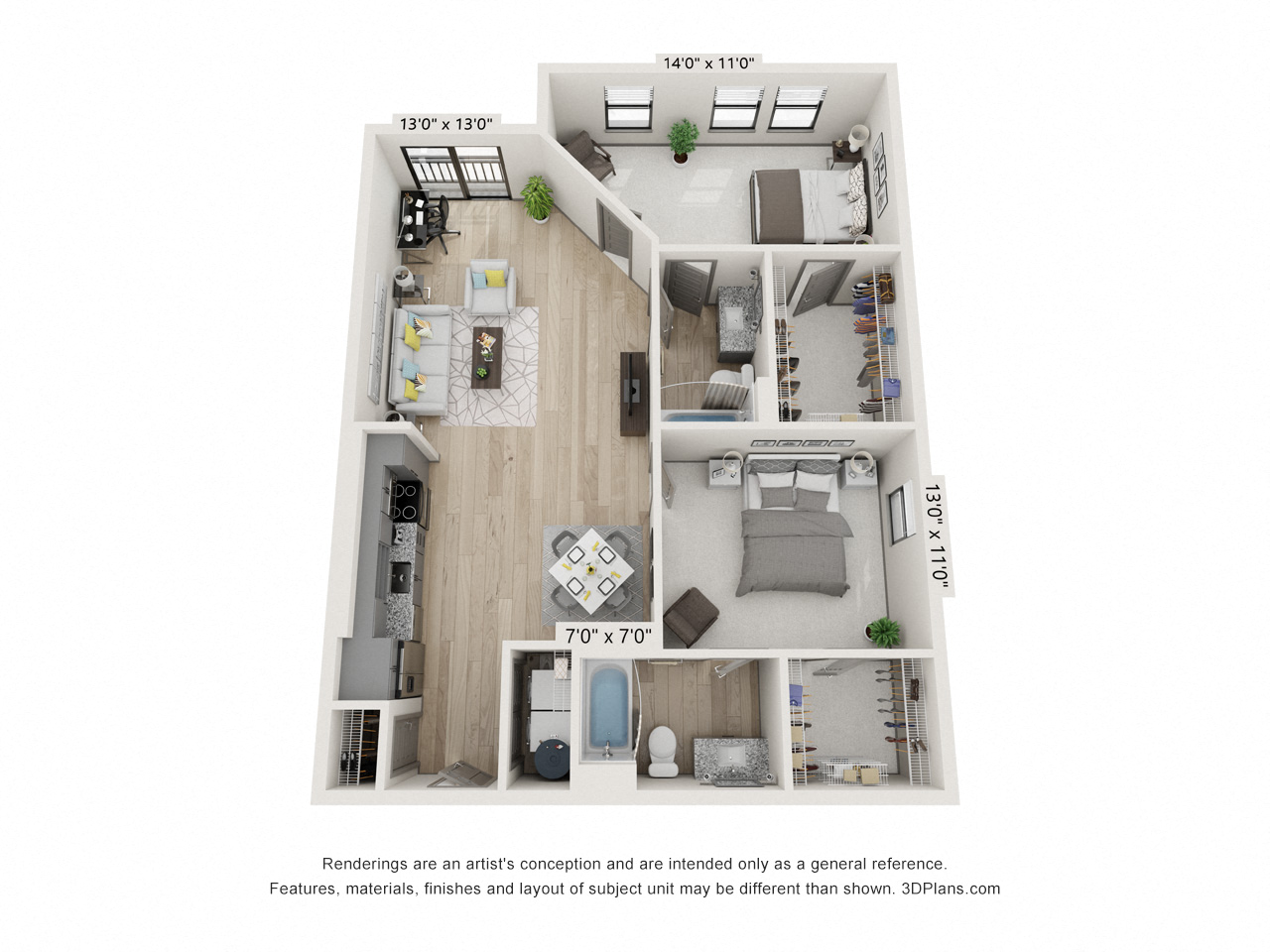 Floor plan for 2 beds, 2 baths, 1109 sqft